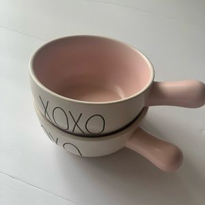 RAE DUNN Ceramic Pink/White XOXO Soup Bowls with Handles Set of Two (2)